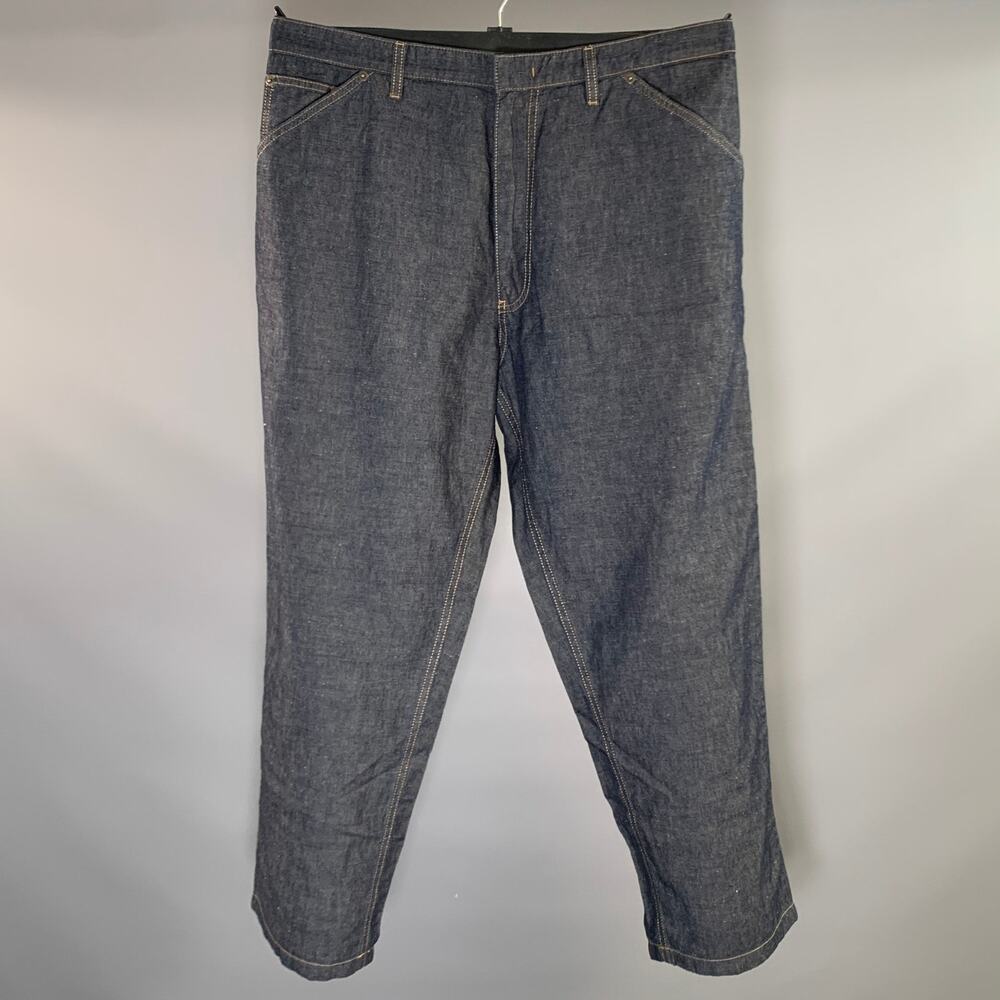 PRADA Size L Blue Indigo Contrast Stitch Cotton Linen Zip Fly Jeans